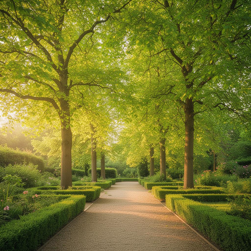 Sendero entre árboles y jardines luminosos