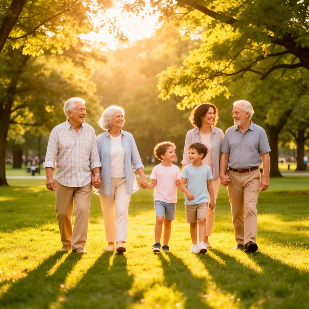 Familia multigeneracional caminando en un jardín al atardecer